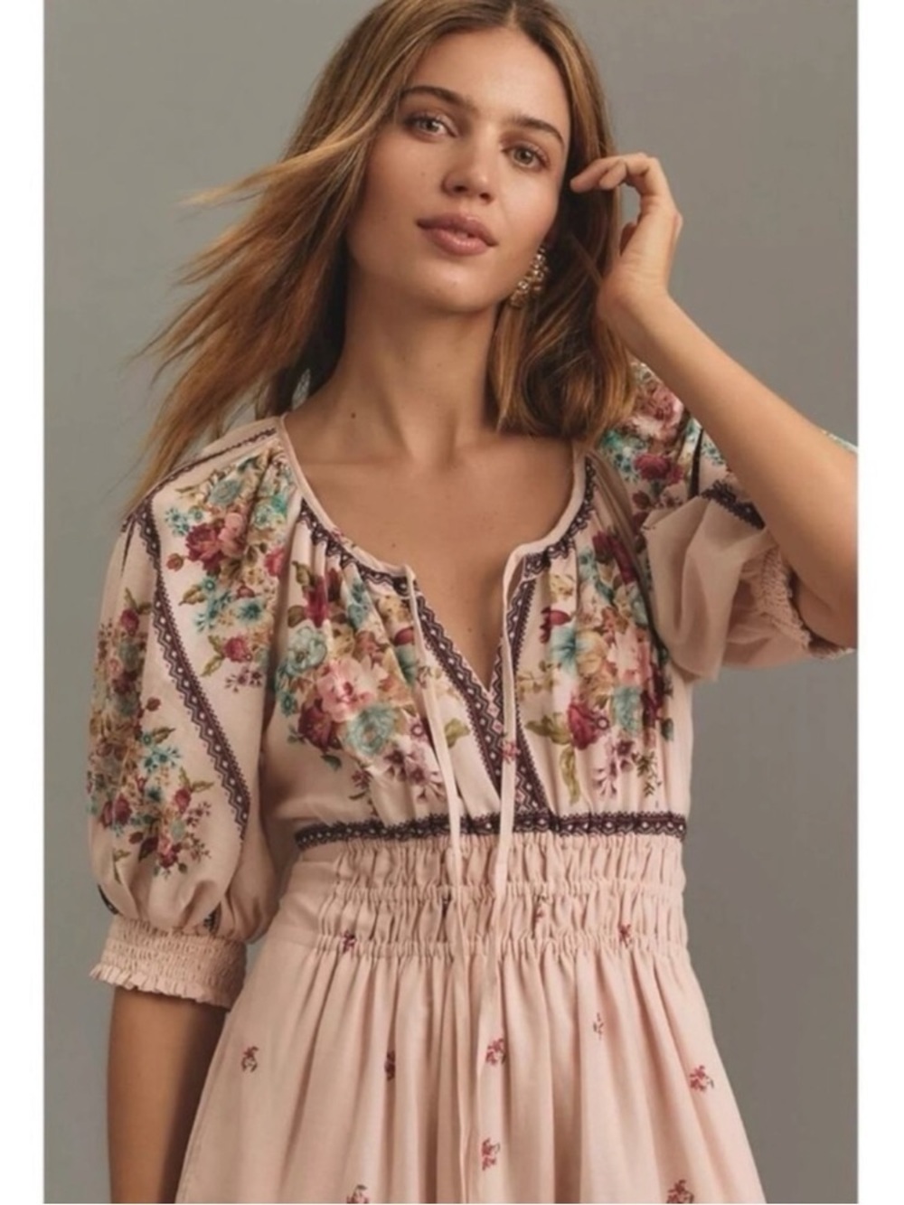 Anthropologie Somerset Floral Maxi Dress pale Pink puff Sleeve cottagecore - Picture 5 of 8